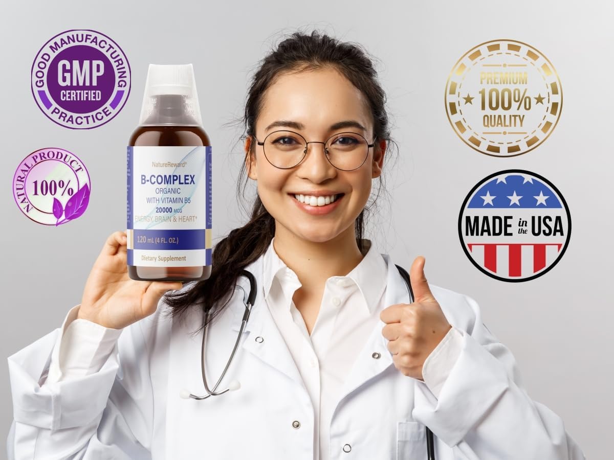 Organic Vitamin B-Complex Liquid Supplement with B5, B12, B1, B6, B7, B9, and B3 - 4 fl oz Bottle