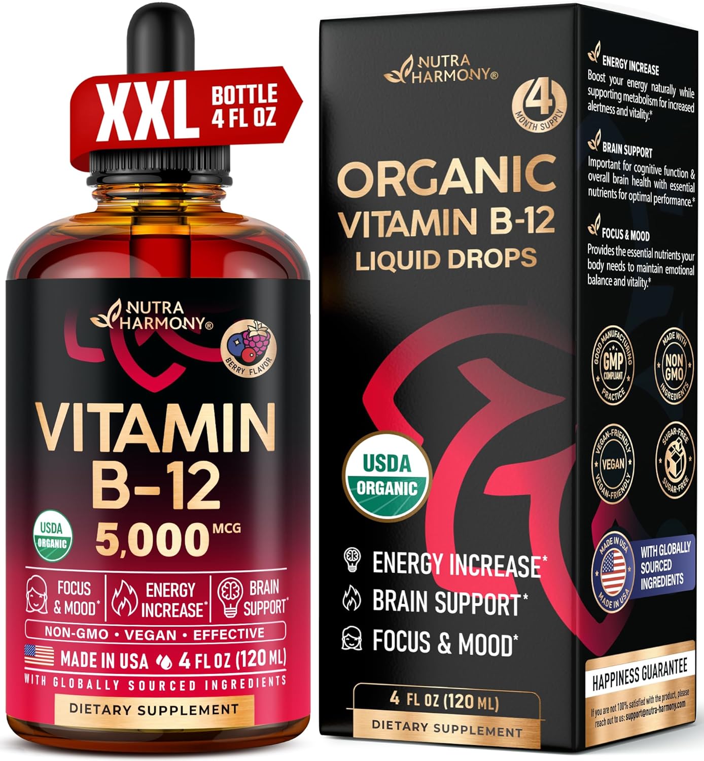 Organic Vitamin B12 Sublingual Drops - 5000 mcg Liquid Methylcobalamin for Energy, Focus, Brain Health - Vegan Formula for Women & Men - 4 Month Supply - 4 fl oz - BoostGo Australia