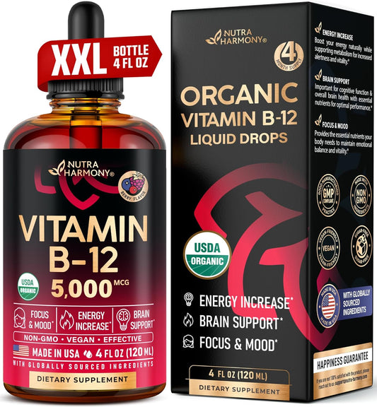 Organic Vitamin B12 Sublingual Drops - 5000 mcg Liquid Methylcobalamin for Energy, Focus, Brain Health - Vegan Formula for Women & Men - 4 Month Supply - 4 fl oz - BoostGo Australia