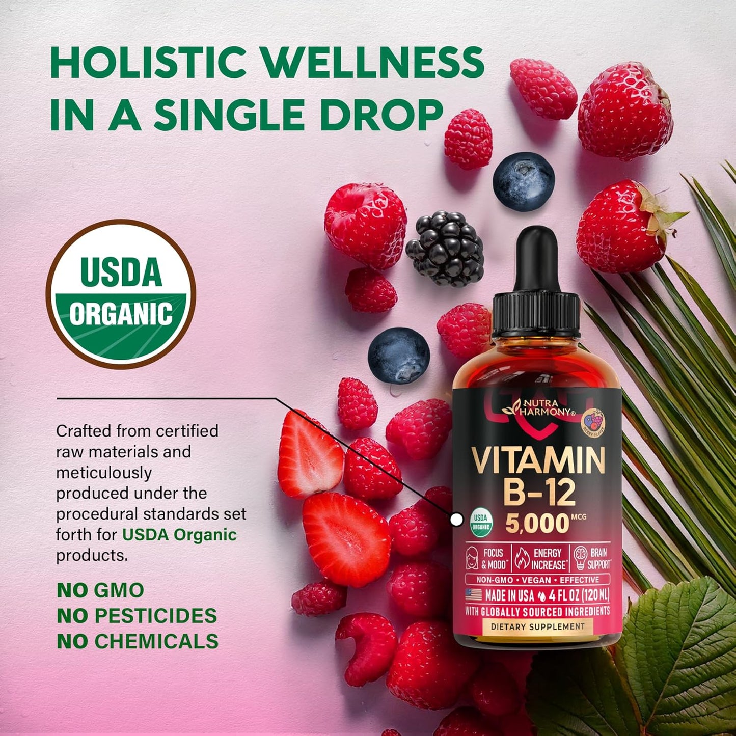 Organic Vitamin B12 Sublingual Drops - 5000 mcg Liquid Methylcobalamin for Energy, Focus, Brain Health - Vegan Formula for Women & Men - 4 Month Supply - 4 fl oz - BoostGo Australia