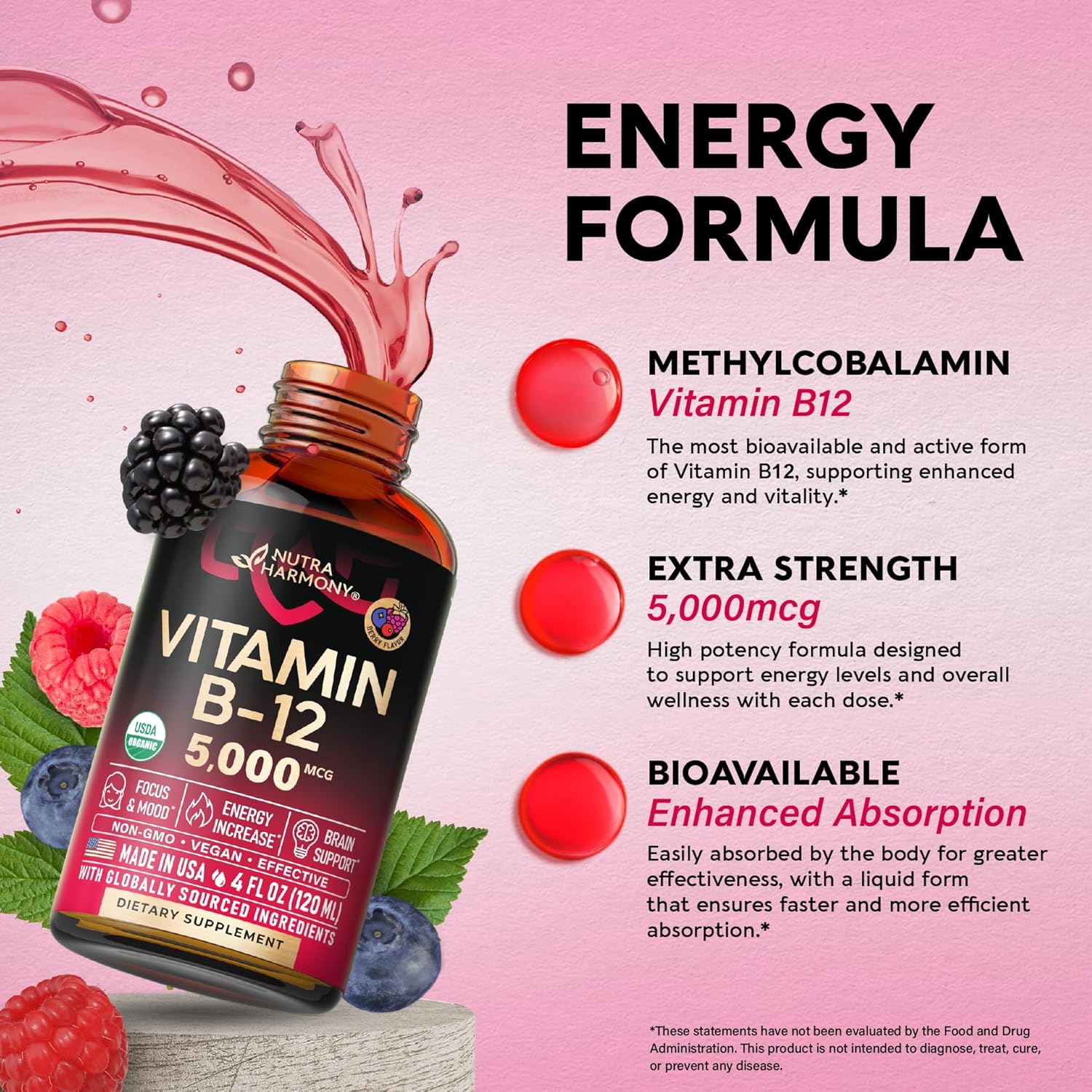 Organic Vitamin B12 Sublingual Drops - 5000 mcg Liquid Methylcobalamin for Energy, Focus, Brain Health - Vegan Formula for Women & Men - 4 Month Supply - 4 fl oz - BoostGo Australia