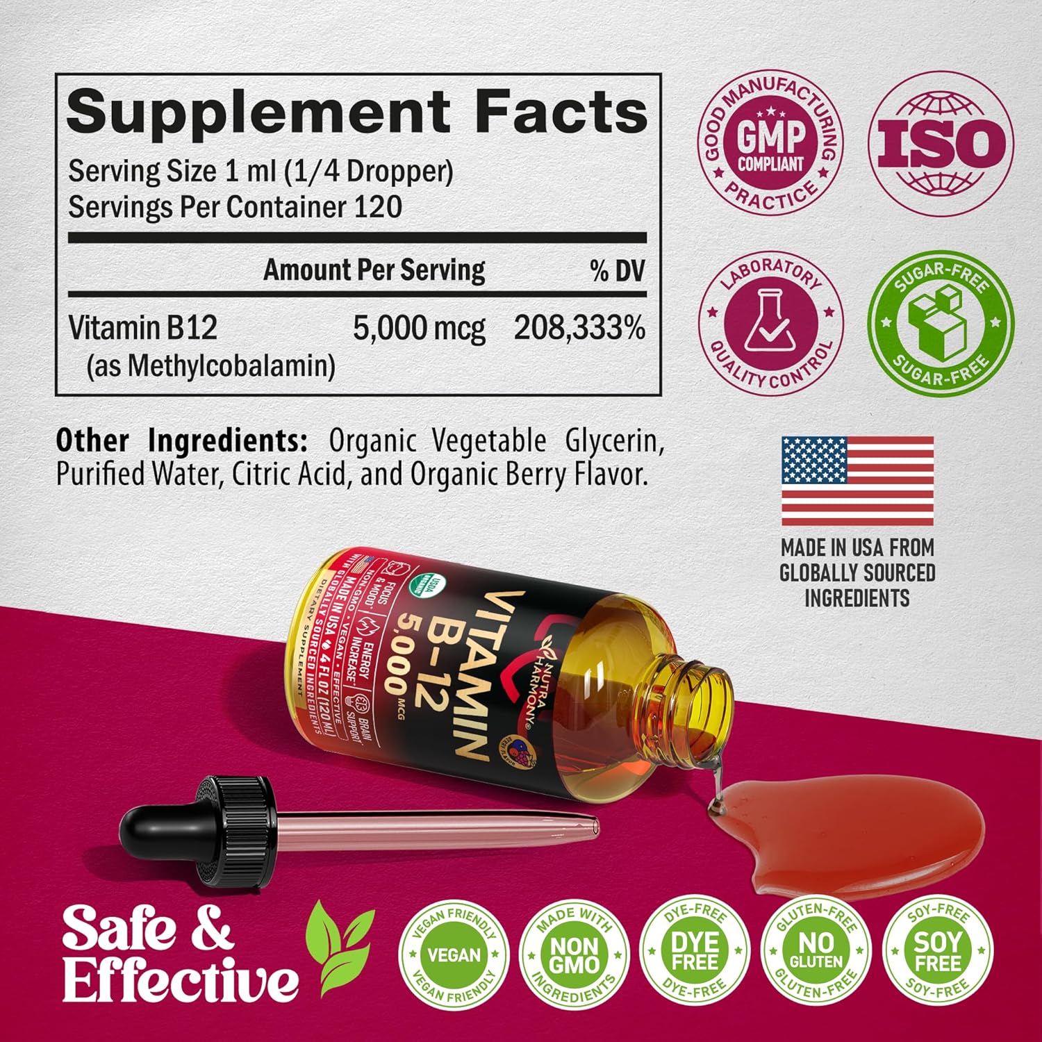 Organic Vitamin B12 Sublingual Drops - 5000 mcg Liquid Methylcobalamin for Energy, Focus, Brain Health - Vegan Formula for Women & Men - 4 Month Supply - 4 fl oz - BoostGo Australia