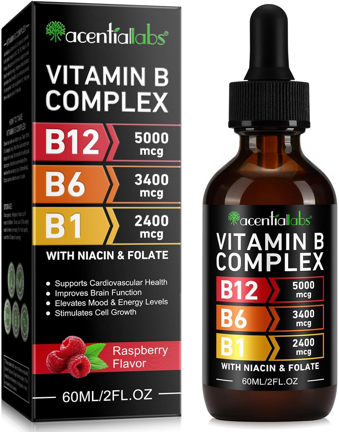 Organic Vitamin B12 Sublingual Drops with B-Complex and Pantothenic Acid - Vegan 5000 mcg Liquid B12 Methylcobalamin Drops for Energy Support