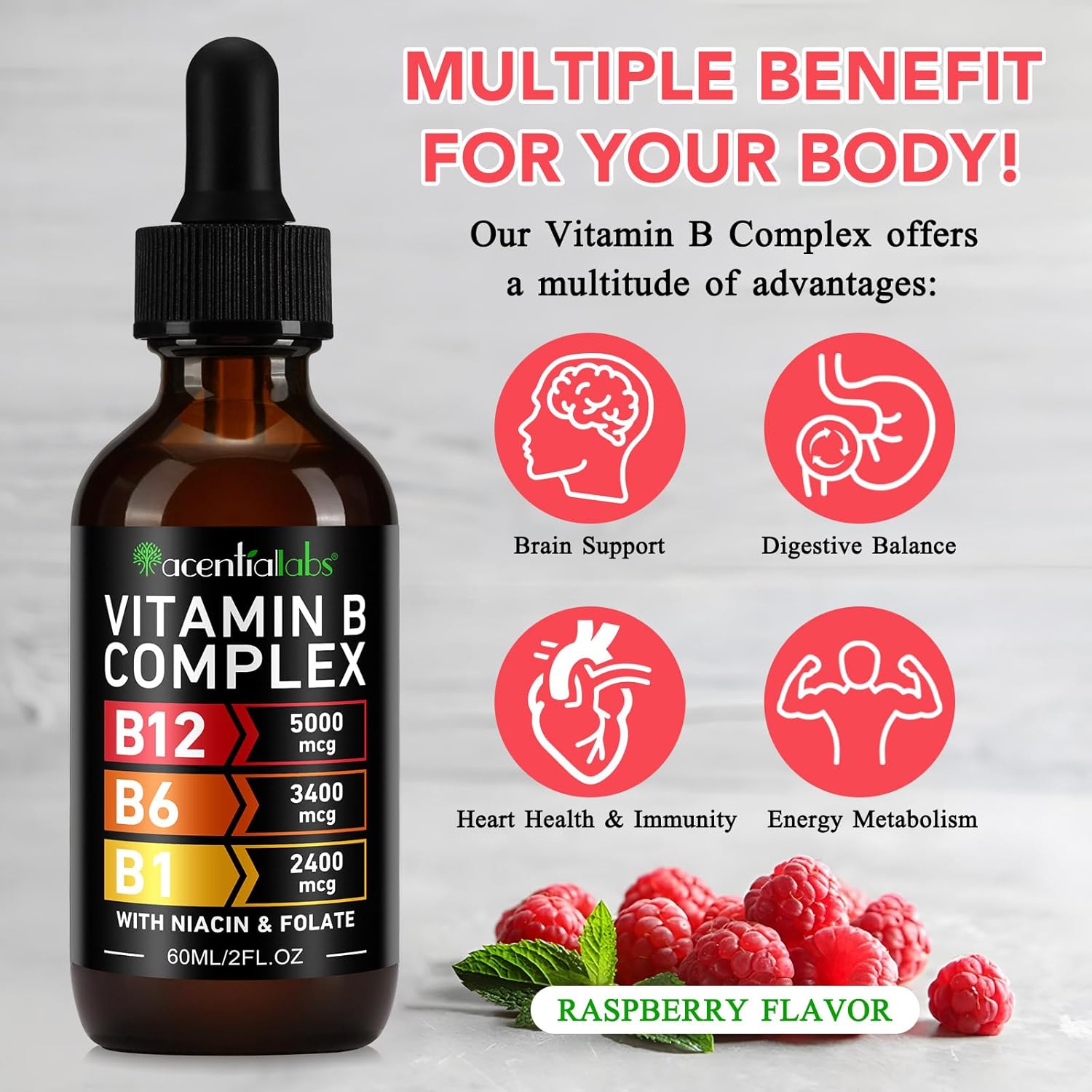Organic Vitamin B12 Sublingual Drops with B-Complex and Pantothenic Acid - Vegan 5000 mcg Liquid B12 Methylcobalamin Drops for Energy Support