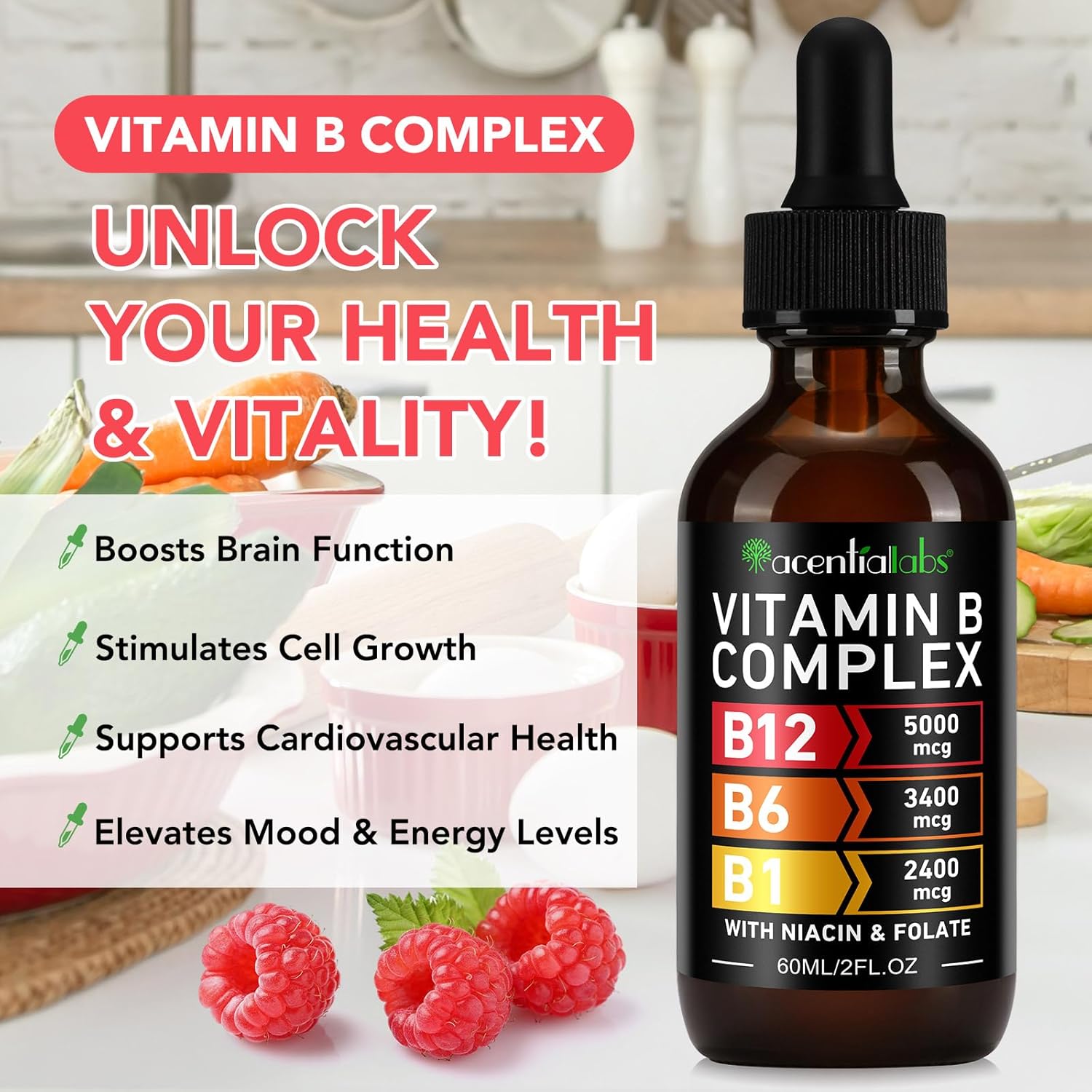 Organic Vitamin B12 Sublingual Drops with B-Complex and Pantothenic Acid - Vegan 5000 mcg Liquid B12 Methylcobalamin Drops for Energy Support
