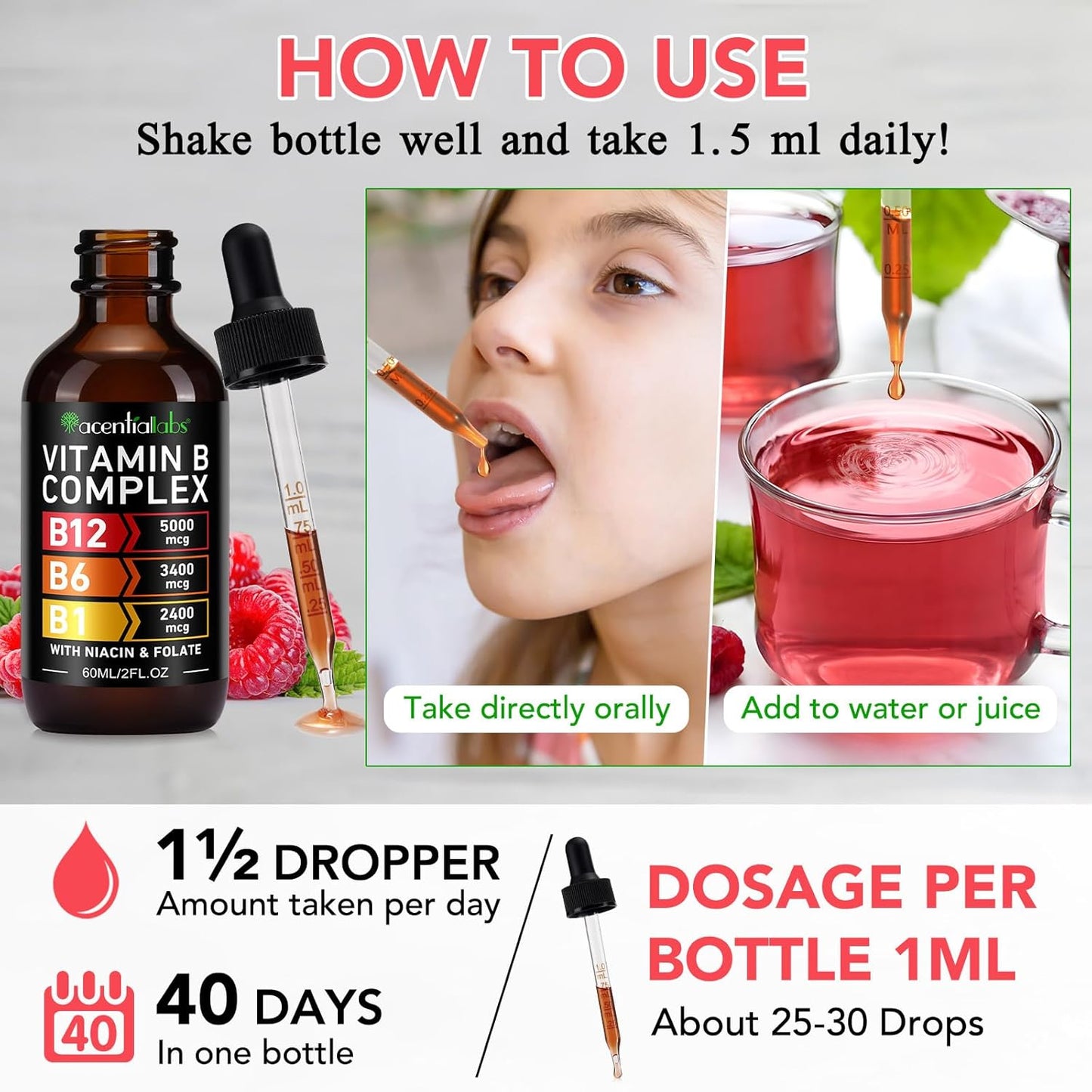 Organic Vitamin B12 Sublingual Drops with B-Complex and Pantothenic Acid - Vegan 5000 mcg Liquid B12 Methylcobalamin Drops for Energy Support