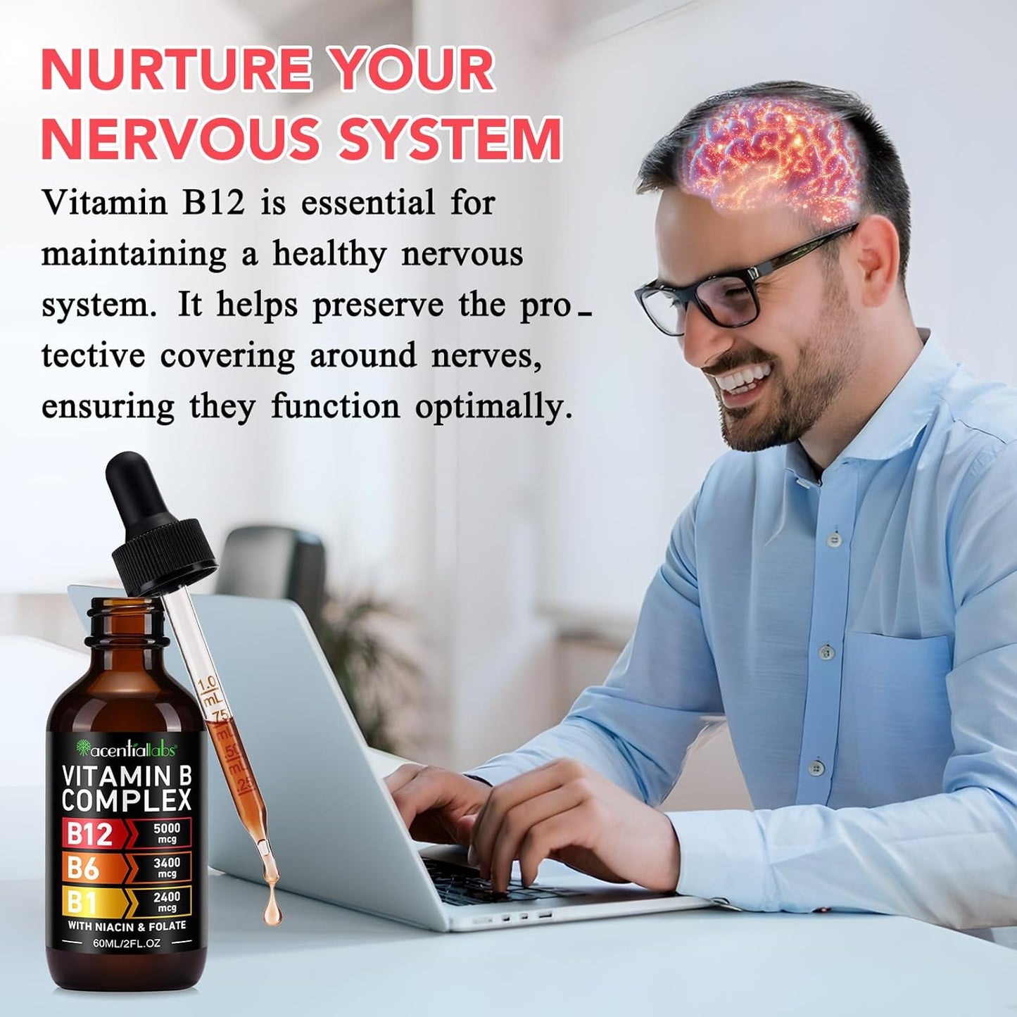 Organic Vitamin B12 Sublingual Drops with B-Complex and Pantothenic Acid - Vegan 5000 mcg Liquid B12 Methylcobalamin Drops for Energy Support