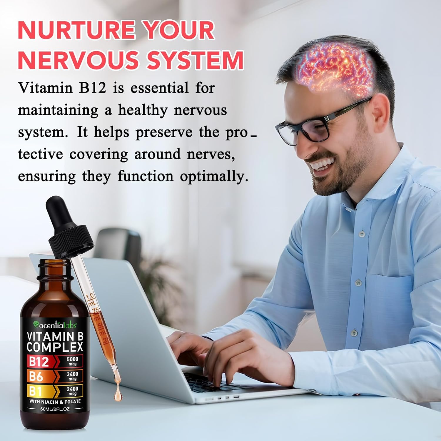 Organic Vitamin B12 Sublingual Drops with B-Complex and Pantothenic Acid - Vegan 5000 mcg Liquid B12 Methylcobalamin Drops for Energy Support