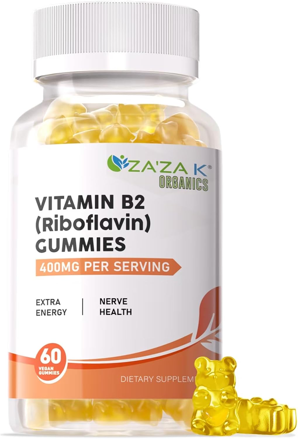 Organic Vitamin B2 Gummies - 400mg Riboflavin Supplements for Kids & Adults - Vegan Energy & Nerve Support - 60 Gummies