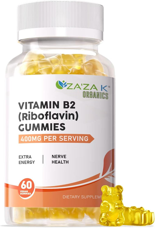 Organic Vitamin B2 Gummies - 400mg Riboflavin Supplements for Kids & Adults - Vegan Energy & Nerve Support - 60 Gummies