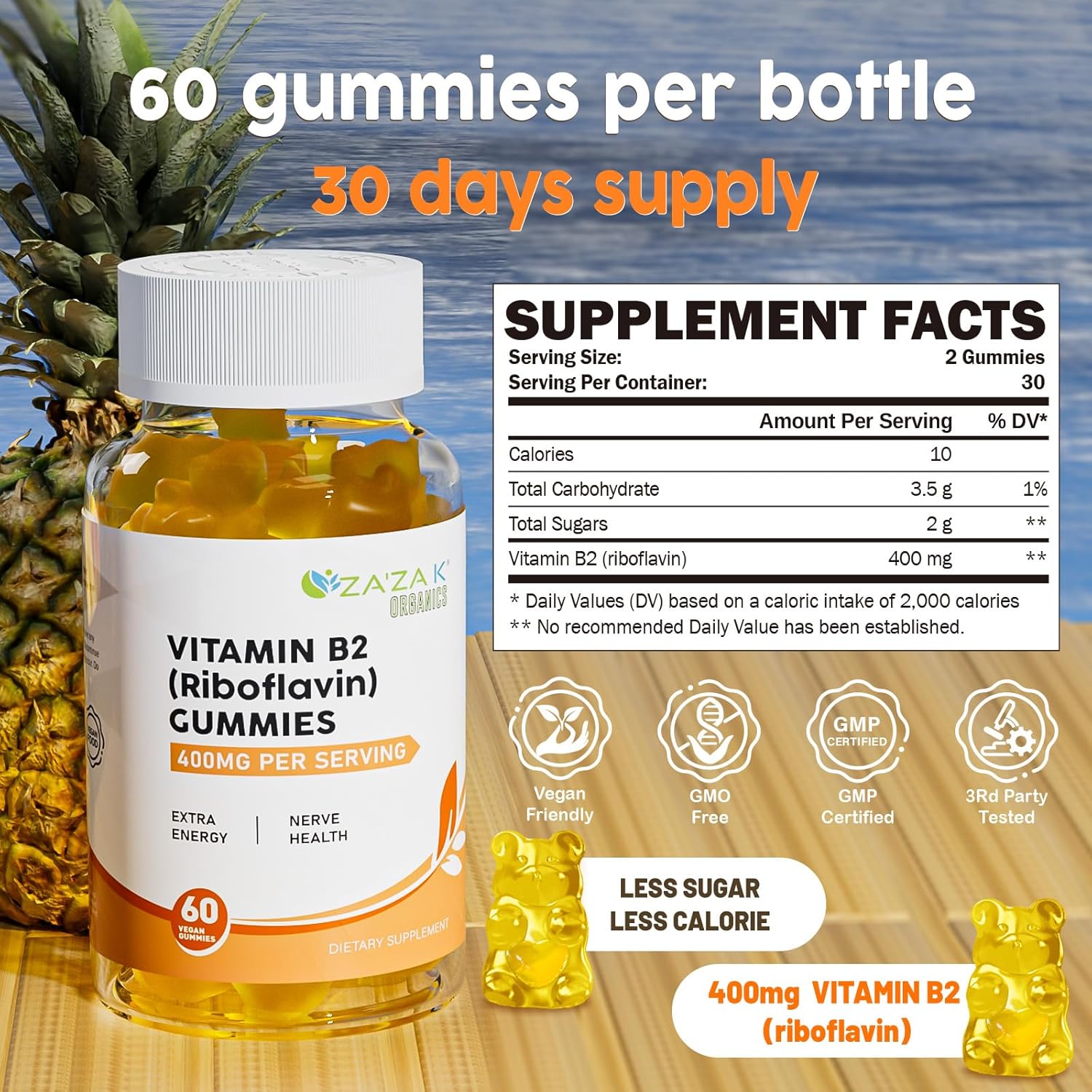 Organic Vitamin B2 Gummies - 400mg Riboflavin Supplements for Kids & Adults - Vegan Energy & Nerve Support - 60 Gummies