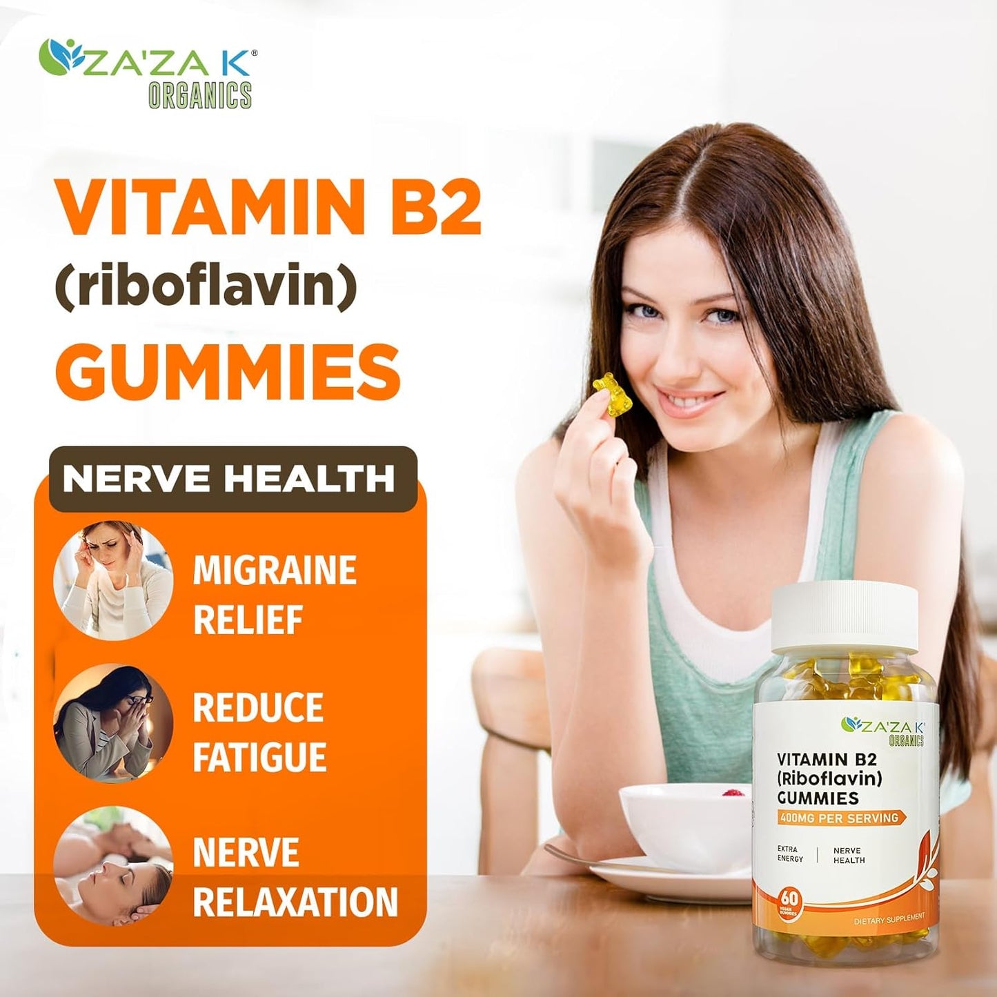 Organic Vitamin B2 Gummies - 400mg Riboflavin Supplements for Kids & Adults - Vegan Energy & Nerve Support - 60 Gummies