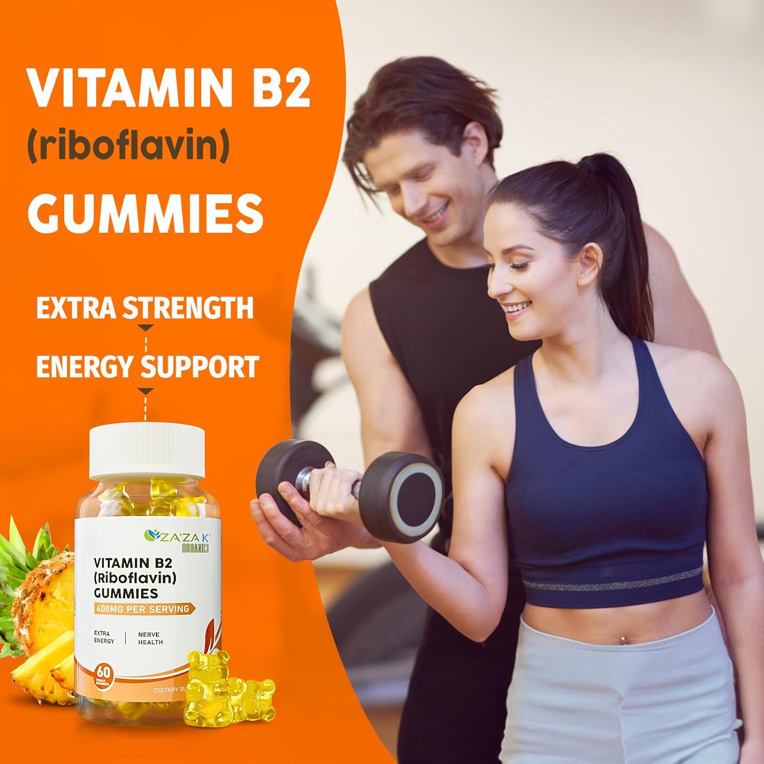 Organic Vitamin B2 Gummies - 400mg Riboflavin Supplements for Kids & Adults - Vegan Energy & Nerve Support - 60 Gummies