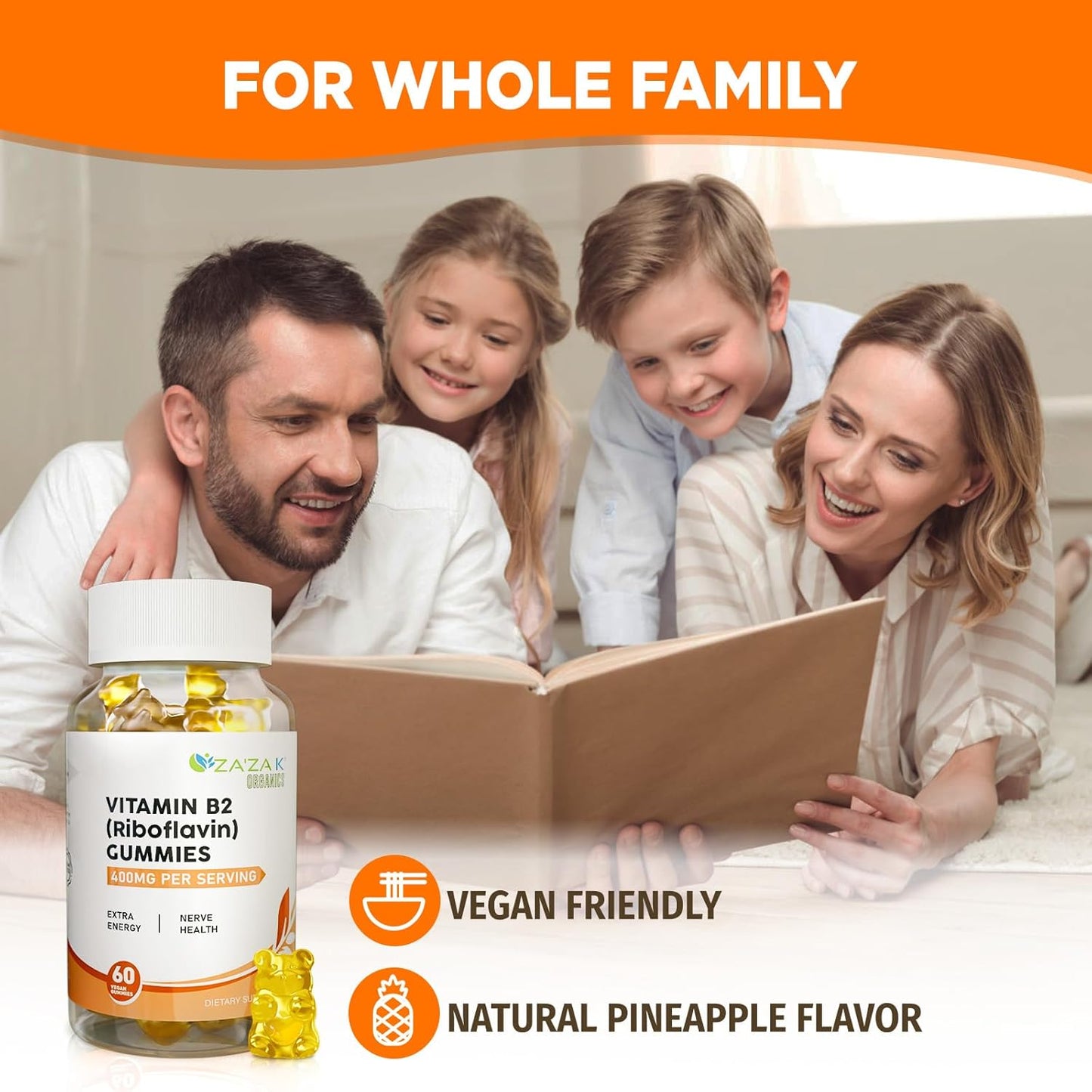 Organic Vitamin B2 Gummies - 400mg Riboflavin Supplements for Kids & Adults - Vegan Energy & Nerve Support - 60 Gummies