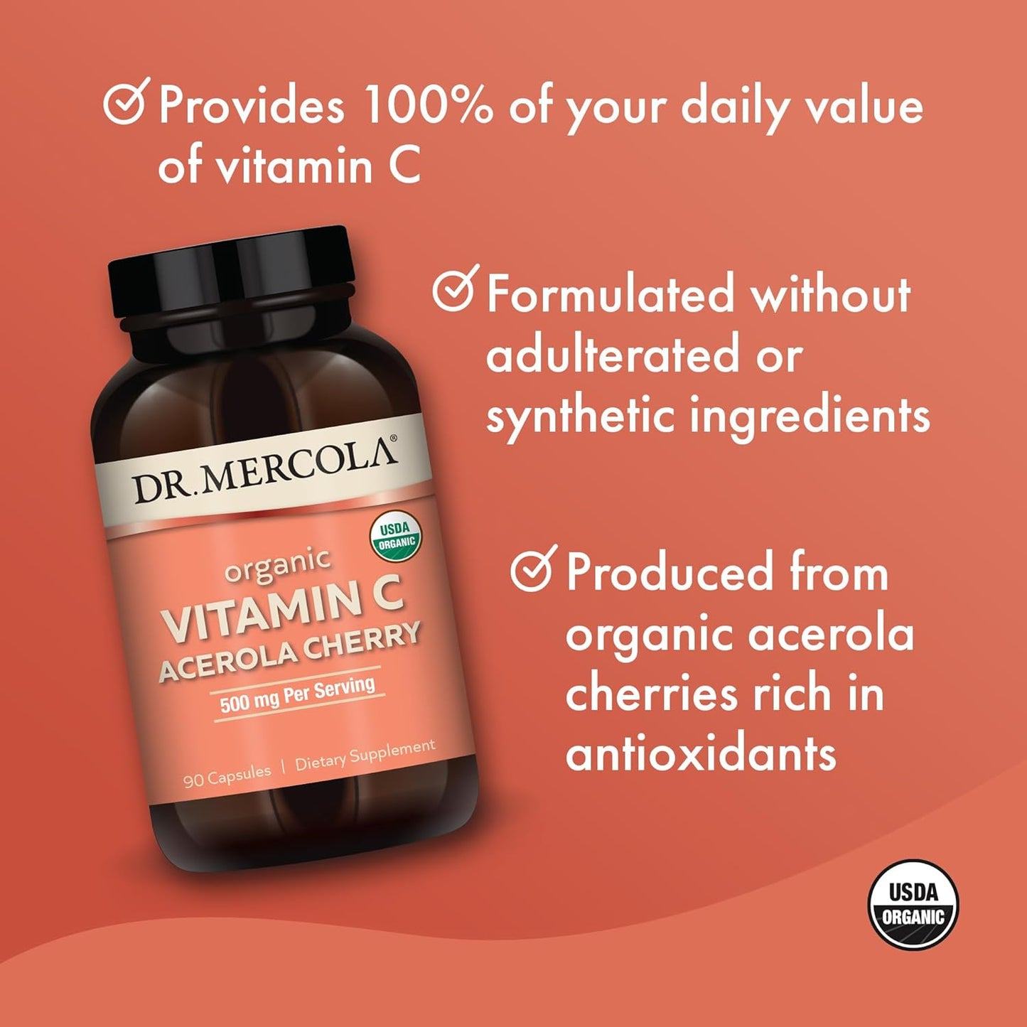 Organic Vitamin C Acerola Cherry Capsules - 30 Servings, 500mg Per Serving - Immune Support Dietary Supplement