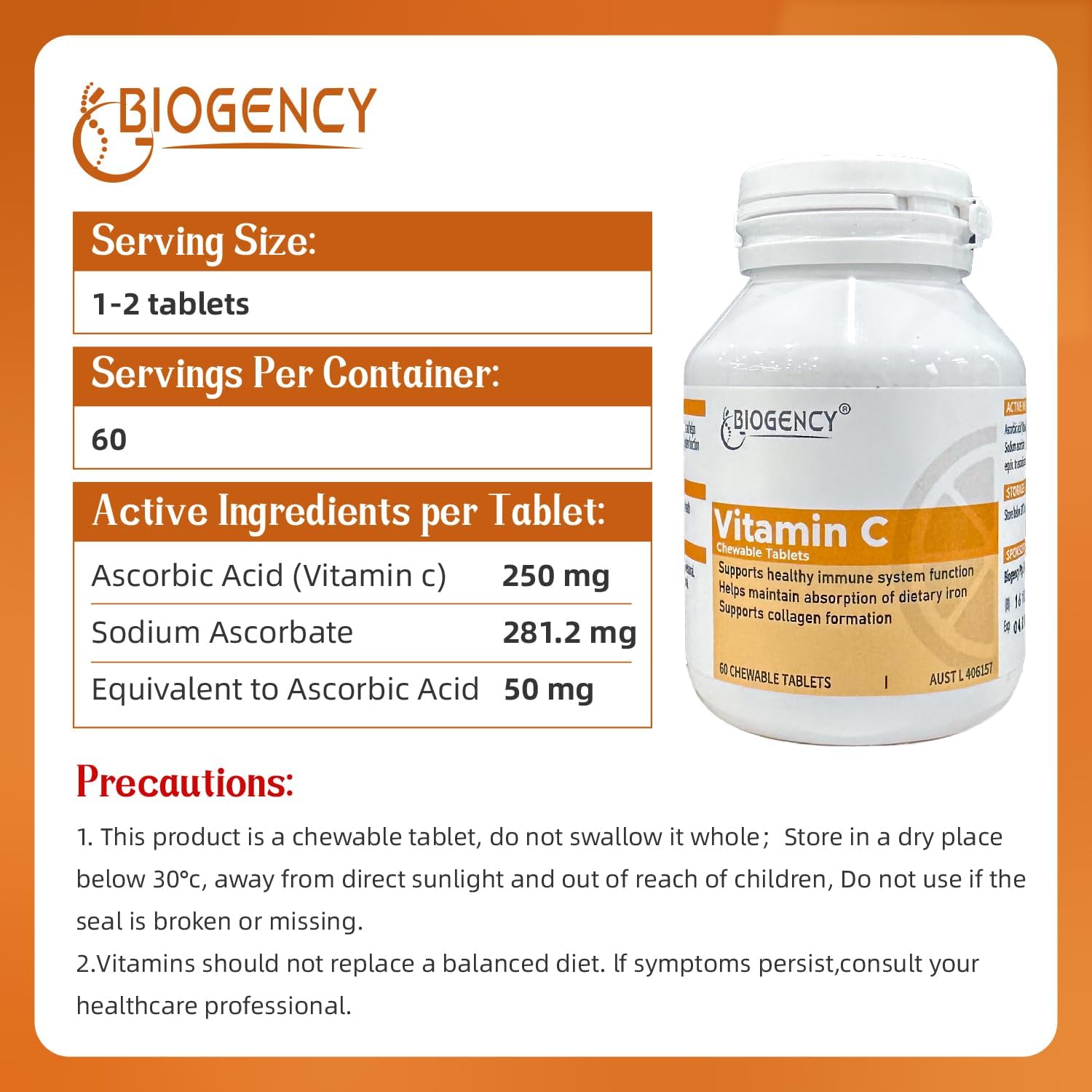 Organic Vitamin C Chewable Supplement Tablets - Vegan Antioxidant for Skin and Immunity - Gluten Free, 60 Count