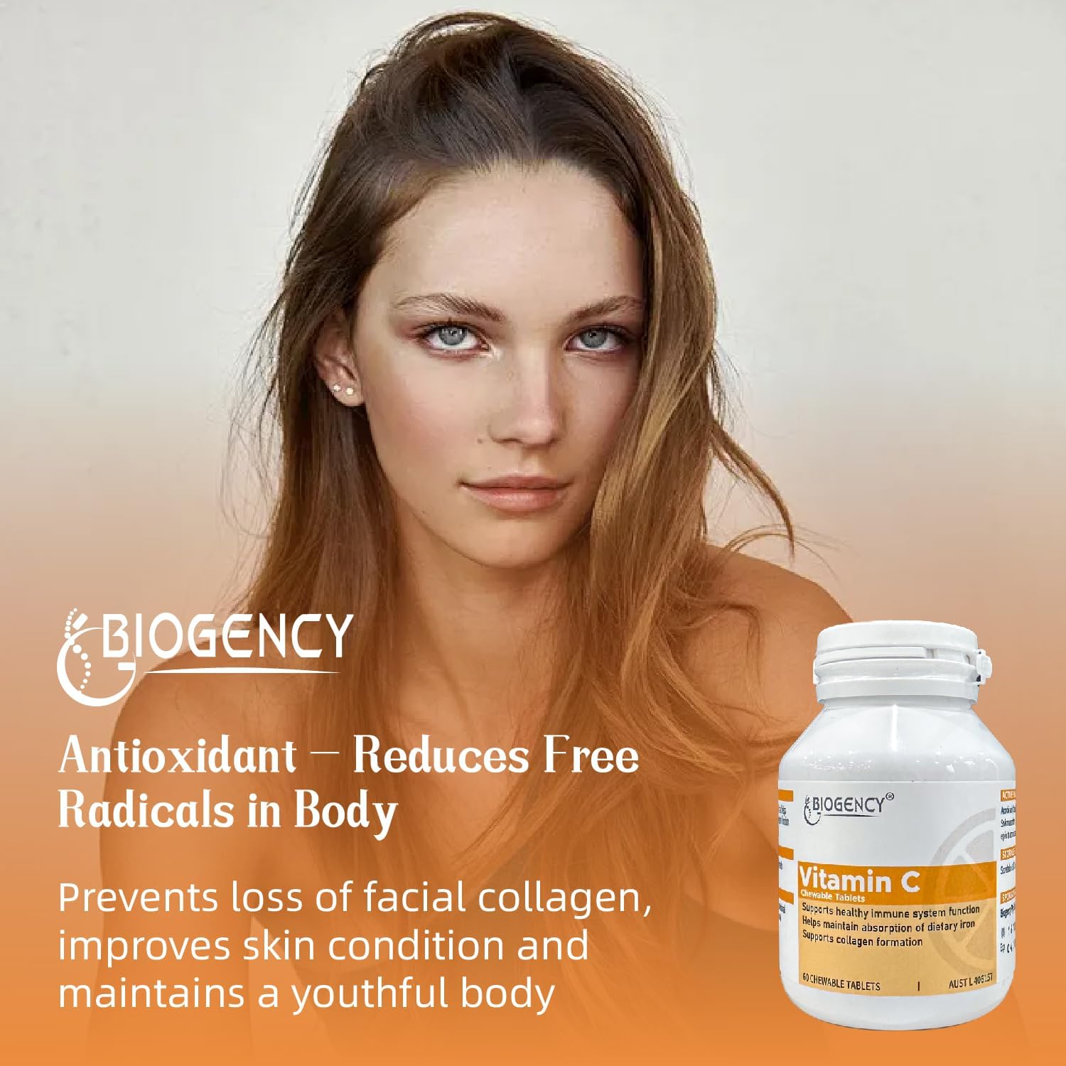 Organic Vitamin C Chewable Supplement Tablets - Vegan Antioxidant for Skin and Immunity - Gluten Free, 60 Count