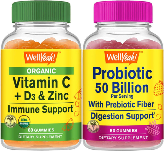 Organic Vitamin C, D3, Zinc, Probiotics 50B+ Prebiotics Gummies Bundle - Gluten Free, GMO Free Chewable Supplement