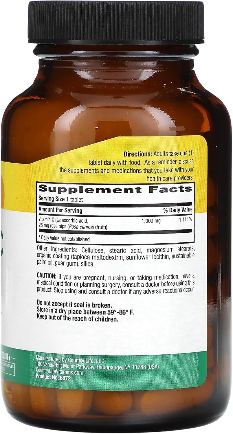 Organic Vitamin C Tablets for Antioxidant Support and Collagen Production - Gluten Free, Vegan Formula with Iron - 90 Tablets