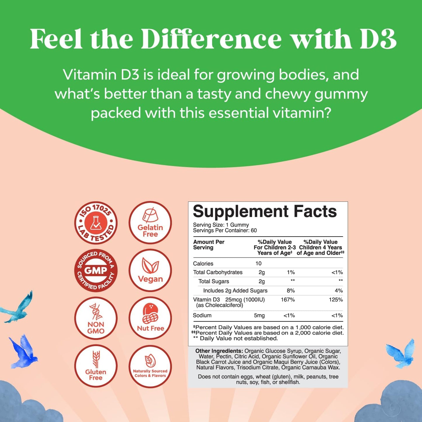 Organic Vitamin D Gummies for Kids - Vegan Immunity Support with D3 for Teeth, Muscles, and Bones - Non GMO & Gluten Free - 2 Month Supply