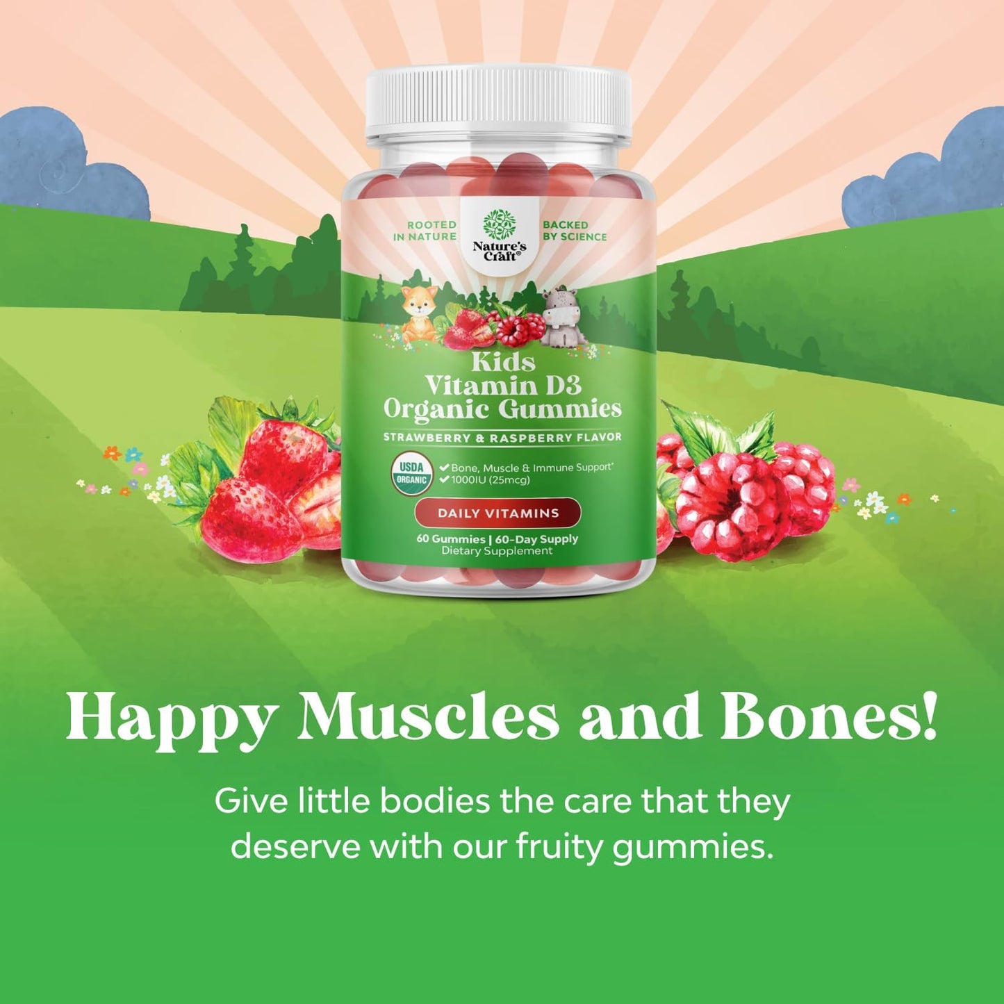 Organic Vitamin D Gummies for Kids - Vegan Immunity Support with D3 for Teeth, Muscles, and Bones - Non GMO & Gluten Free - 2 Month Supply