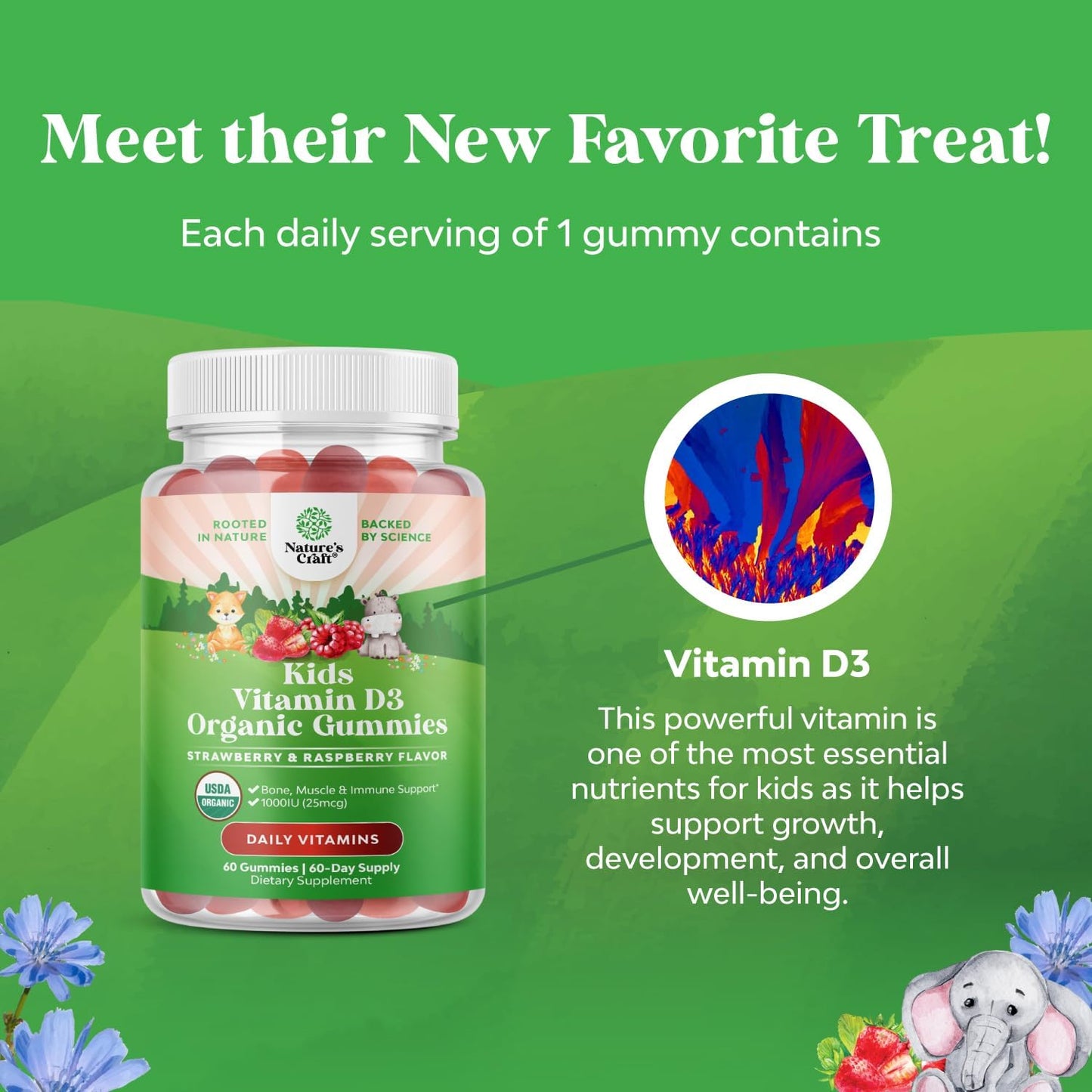 Organic Vitamin D Gummies for Kids - Vegan Immunity Support with D3 for Teeth, Muscles, and Bones - Non GMO & Gluten Free - 2 Month Supply