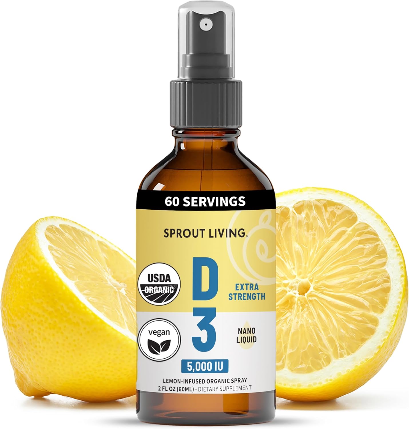 Organic Vitamin D3 5000 IU Spray with Real Lemon & Citrus Extract for Immune Support & Bone Health - Sugar Free - 2 FL OZ