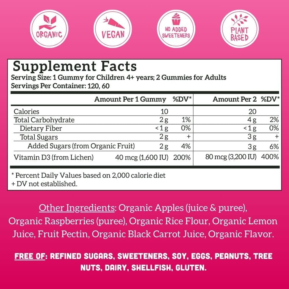 Organic Vitamin D3 Gummies for Kids & Adults, Vegan, No Added Sugar, Real Fruit, 200% DV, 120 CT, Raspberry Flavor, 60-120 Days Supply