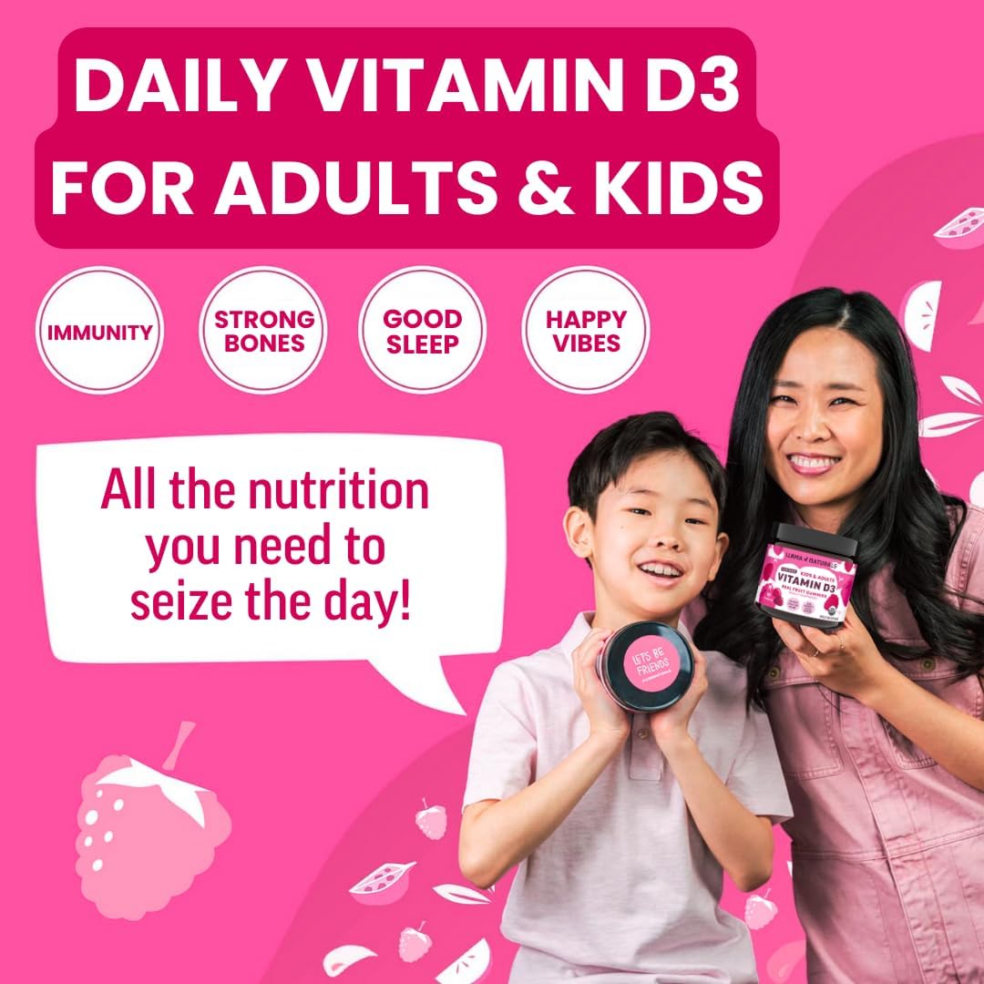 Organic Vitamin D3 Gummies for Kids & Adults, Vegan, No Added Sugar, Real Fruit, 200% DV, 120 CT, Raspberry Flavor, 60-120 Days Supply