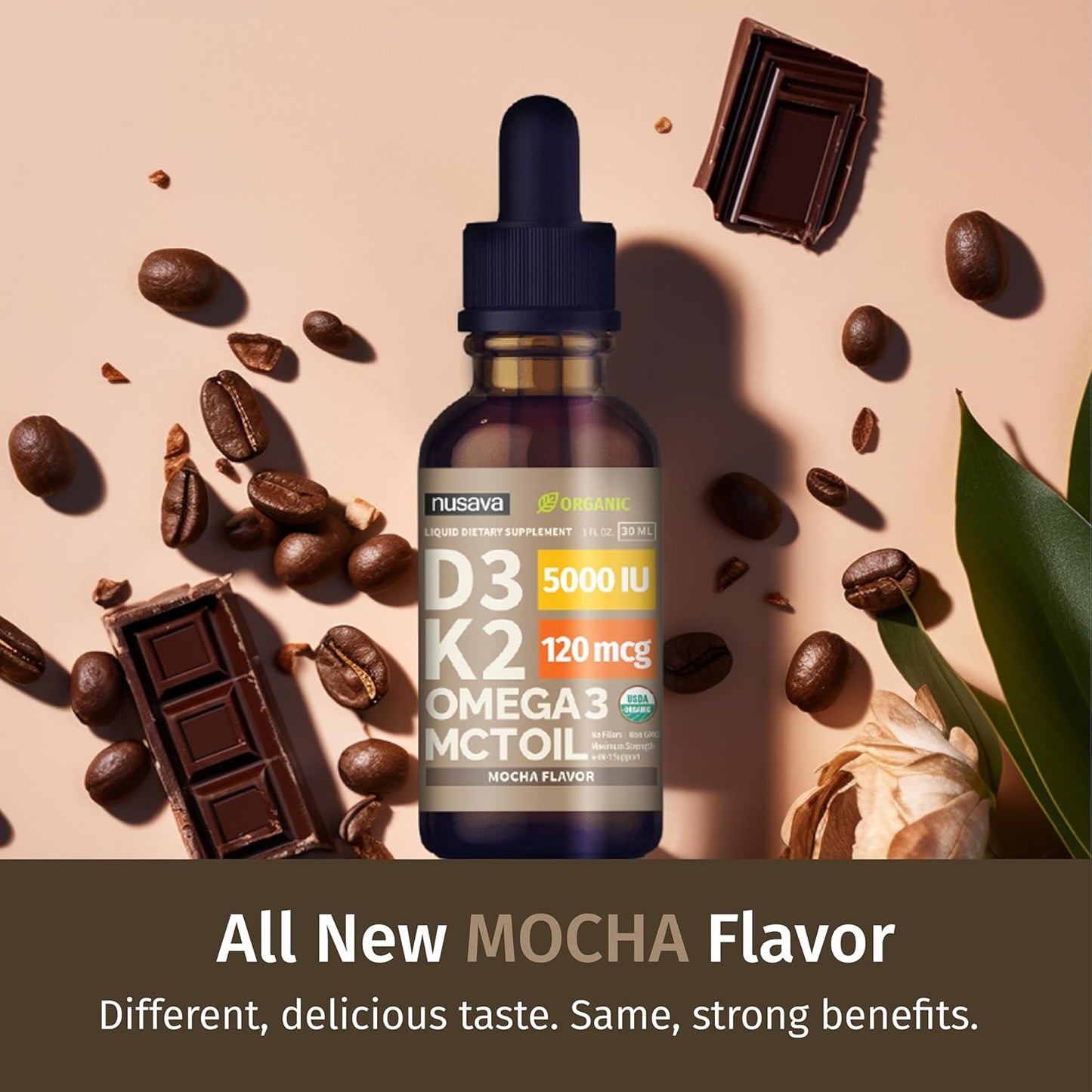 Organic Vitamin D3 K2 Drops (2 Pack) with MCT Oil Omega 3 - 5000 IU Liquid D3 for Faster Absorption - Immune Support - Non-GMO - Maximum Strength - No Fillers - Mocha Flavor - 2 Fl Oz - BoostGo Australia