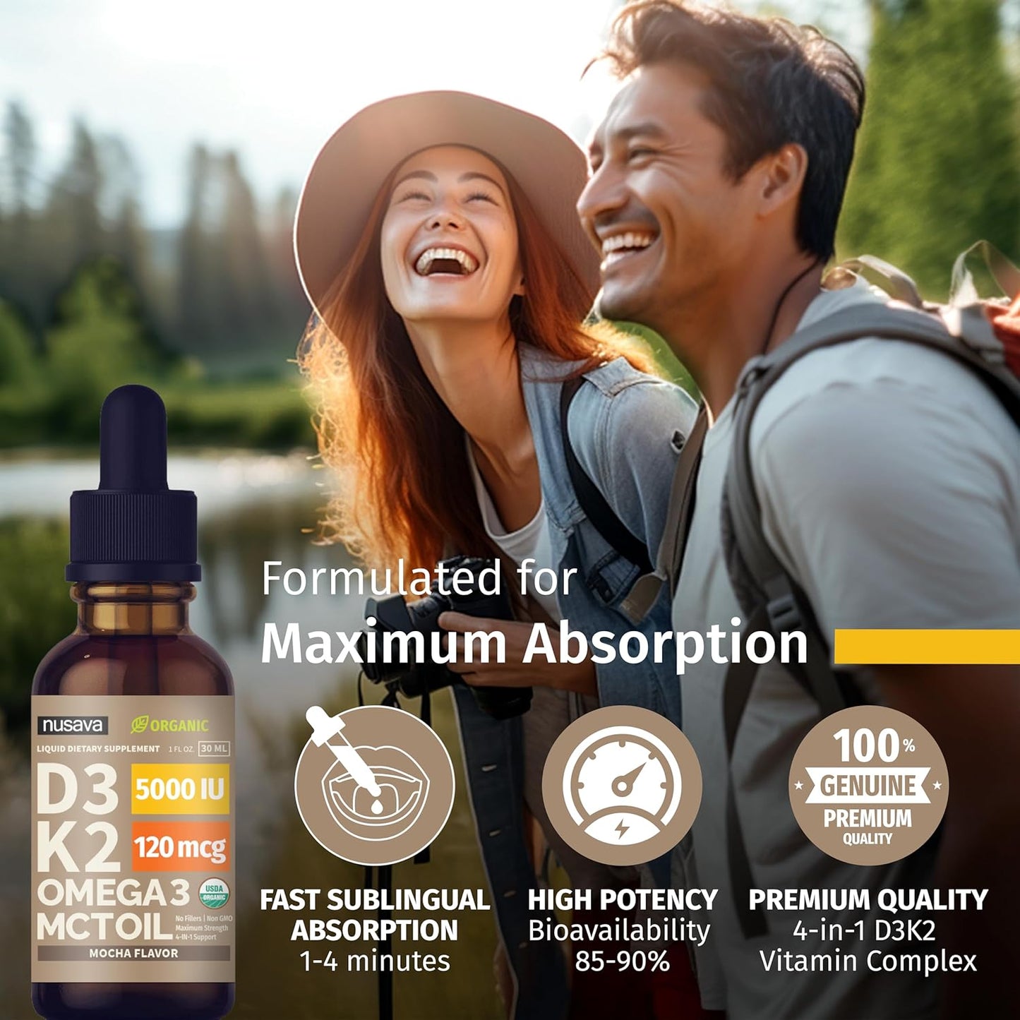 Organic Vitamin D3 K2 Drops (2 Pack) with MCT Oil Omega 3 - 5000 IU Liquid D3 for Faster Absorption - Immune Support - Non-GMO - Maximum Strength - No Fillers - Mocha Flavor - 2 Fl Oz - BoostGo Australia