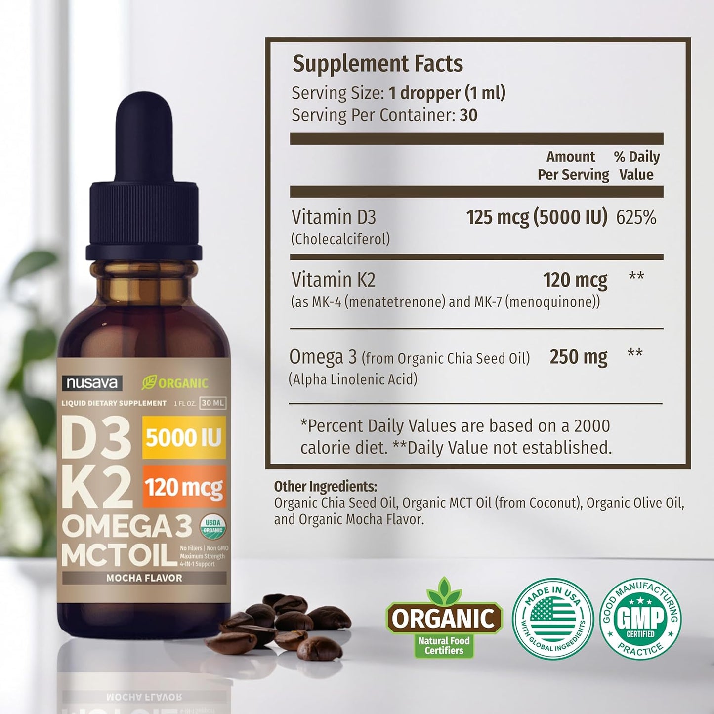 Organic Vitamin D3 K2 Drops (2 Pack) with MCT Oil Omega 3 - 5000 IU Liquid D3 for Faster Absorption - Immune Support - Non-GMO - Maximum Strength - No Fillers - Mocha Flavor - 2 Fl Oz - BoostGo Australia