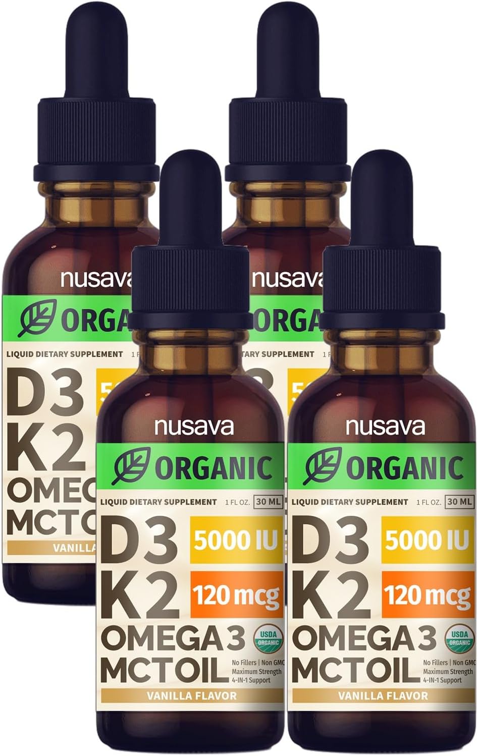 Organic Vitamin D3 K2 Drops with MCT Oil Omega 3 - 4 Pack, 5000 IU Vanilla Liquid D3 for Faster Absorption & Immune Support