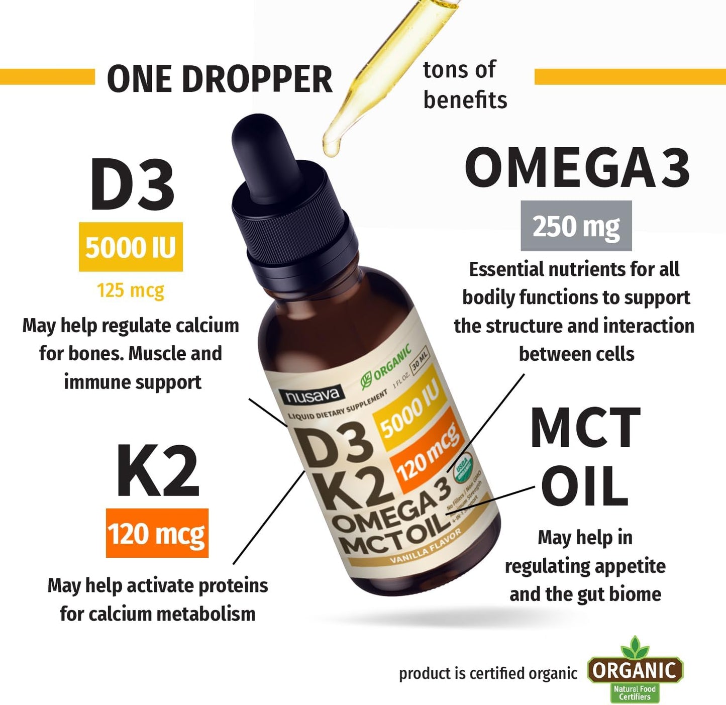 Organic Vitamin D3 K2 Drops with MCT Oil Omega 3 - 4 Pack, 5000 IU Vanilla Liquid D3 for Faster Absorption & Immune Support