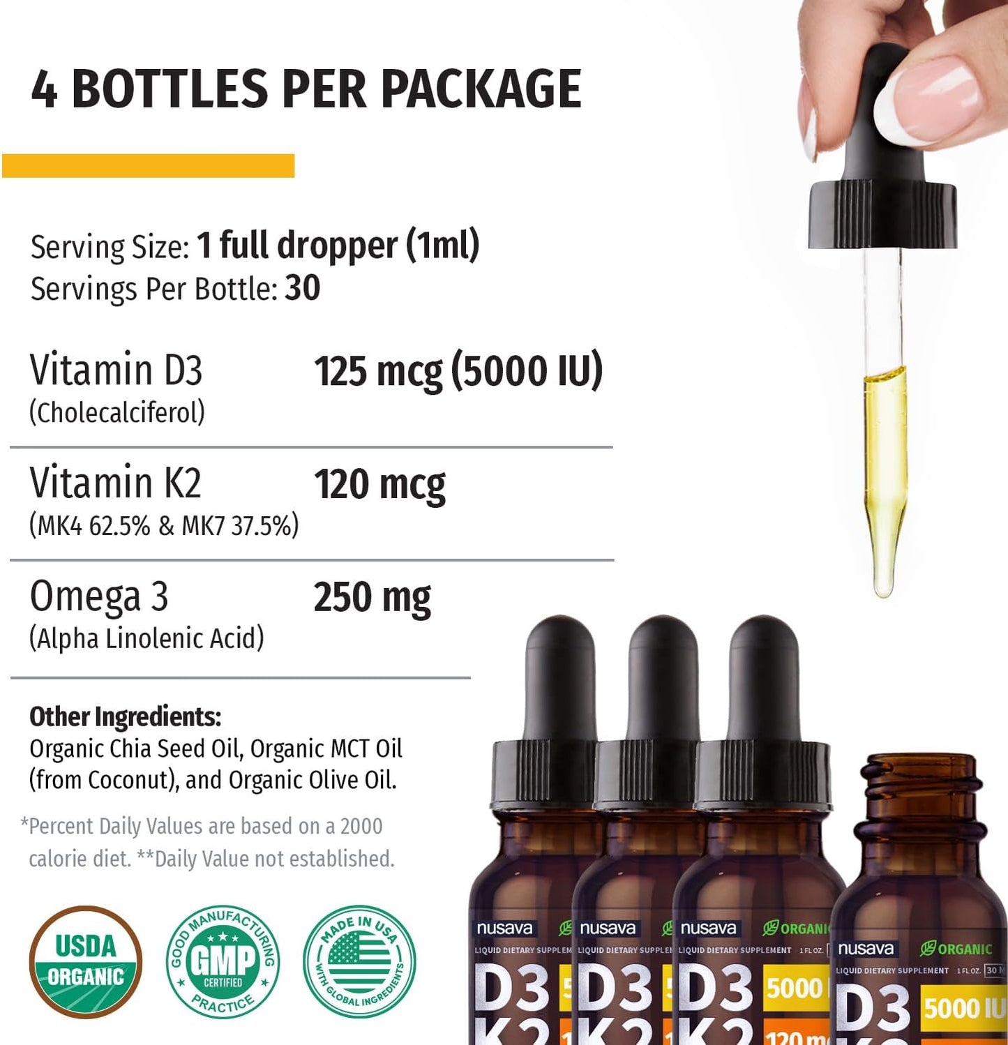 Organic Vitamin D3 K2 Drops with MCT Oil Omega 3 - Maximum Strength 5000 IU Liquid D3 for Immune Support - 4 Pack, Non-GMO, Unflavored - BoostGo Australia