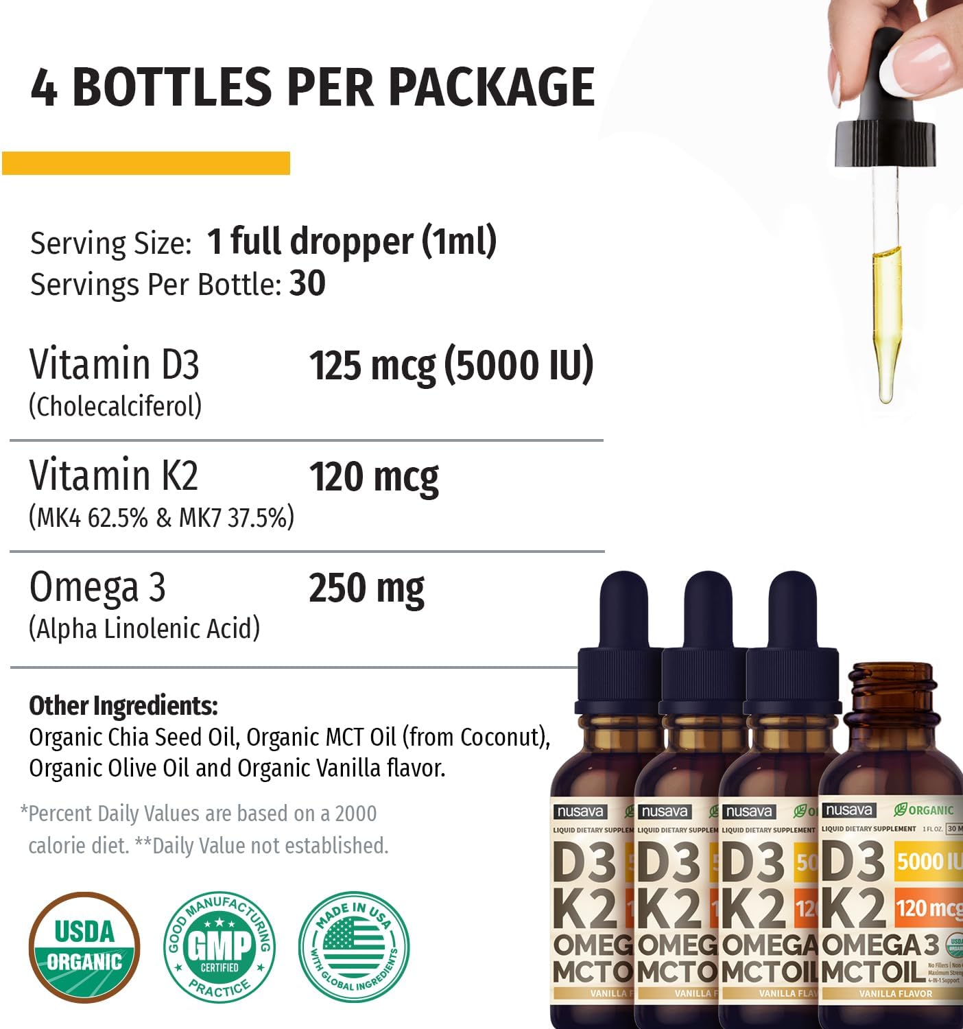 Organic Vitamin D3 K2 Drops with MCT Oil Omega 3 - 4 Pack, 5000 IU Vanilla Liquid D3 for Faster Absorption & Immune Support