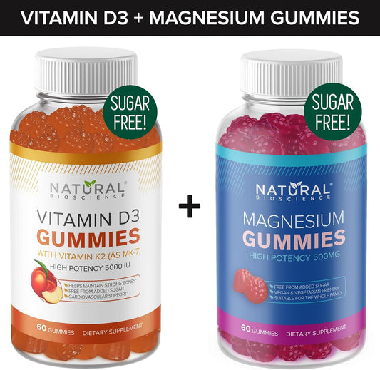 Organic Vitamin D3 K2 Gummies + Magnesium Citrate Gummies Bundle (60 Gummies Each) - Sugar Free Formula with Extra Strength Vitamin D3 5000 IU, K2 MK7 80 mcg, and Magnesium Citrate 500 mg