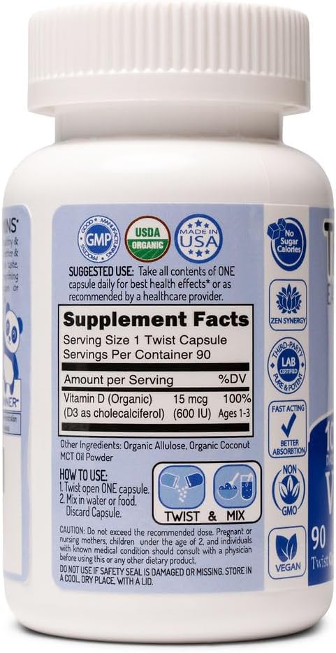Organic Vitamin D3 Supplement for Toddlers | Strong Bones & Healthy Immunity | Unique Twist & Mix Design | GMO Gluten Vegan | 90 Servings