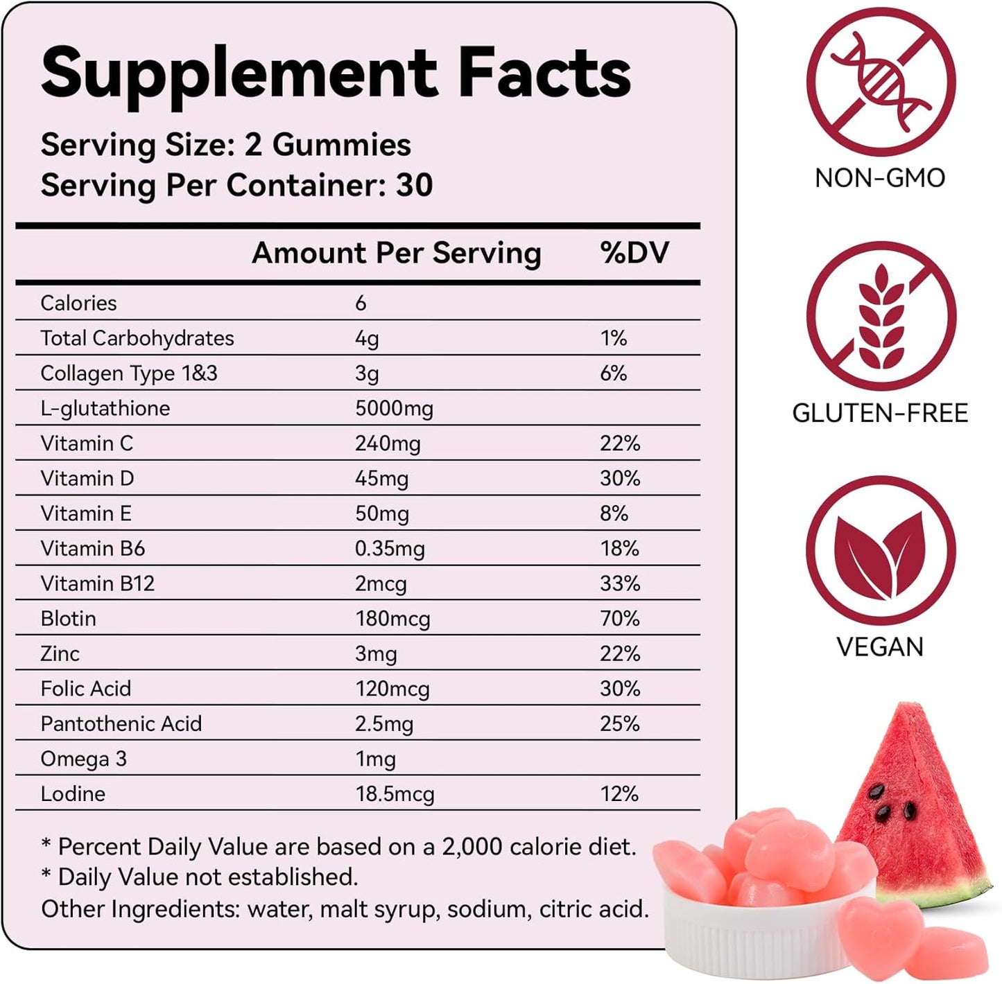 Organic Watermelon Flavored Glow Gummies for Women - 60 Count - Collagen & Vitamins - Vegan & Gluten-Free - Skin Brightening & Health Benefits