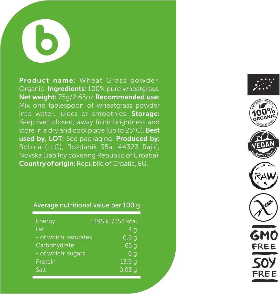 Organic Wheat Grass Powder - Superfood Rich in Fibers, Chlorophyll, Minerals - 100% Pure, Non-GMO, Gluten-Free - Vegan Friendly - Raw - 2.65oz