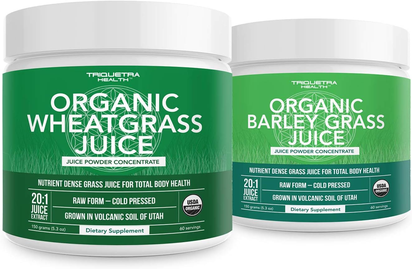 Organic Wheatgrass and Barley Grass Juice Powder Combo - USA Grown in Volcanic Utah Soil, Raw Form, 5.3 oz