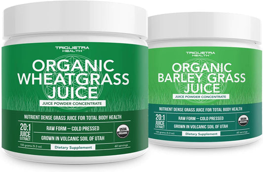 Organic Wheatgrass and Barley Grass Juice Powder Combo - USA Grown in Volcanic Utah Soil, Raw Form, 5.3 oz