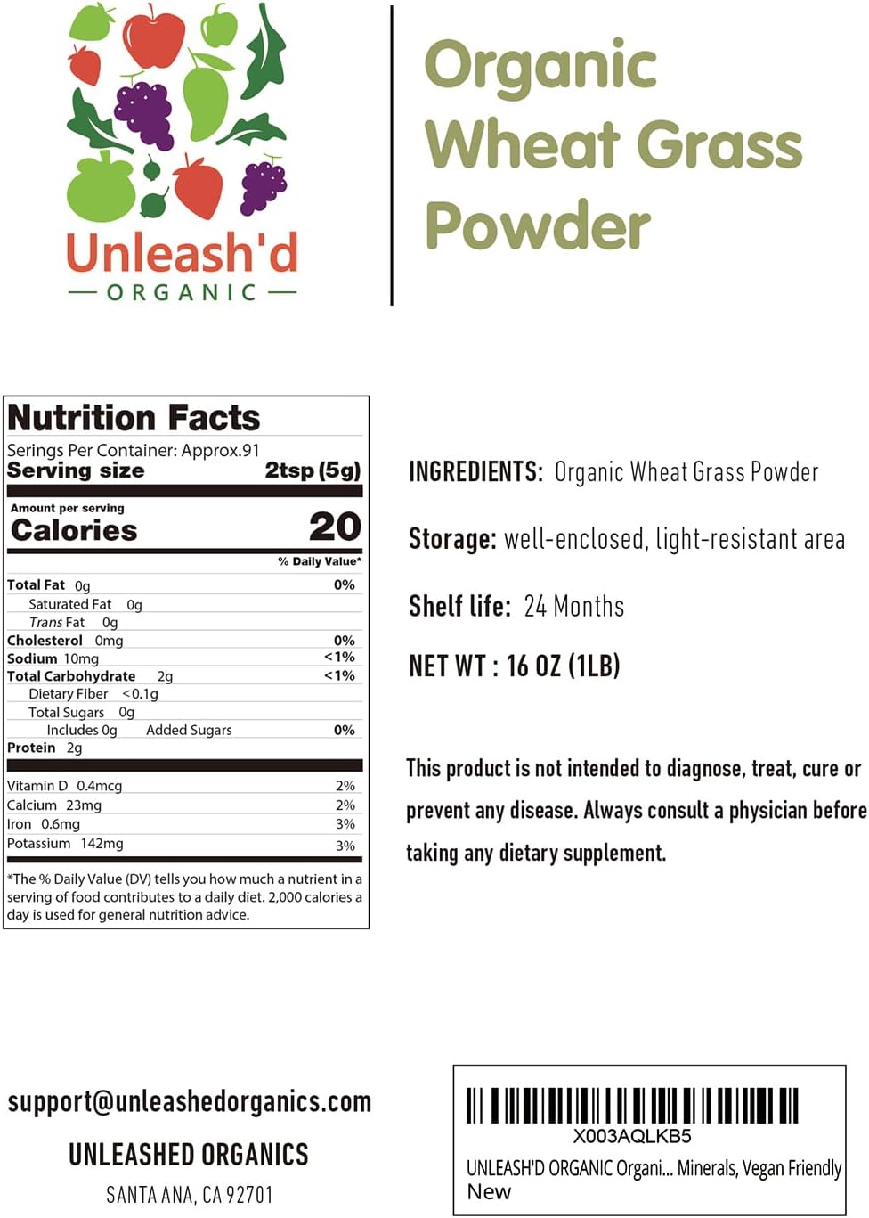 Organic Wheatgrass Powder 16 oz - Vegan, Immune-Boosting, Rich in Vitamins, Fiber & Minerals - Expires Feb 2025