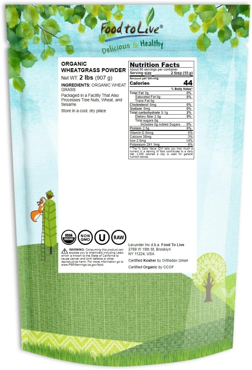 Organic Wheatgrass Powder 2 Pounds - Non-GMO, Raw, Vegan Superfood, Rich in Fiber, Chlorophyll, and Minerals for Juicing