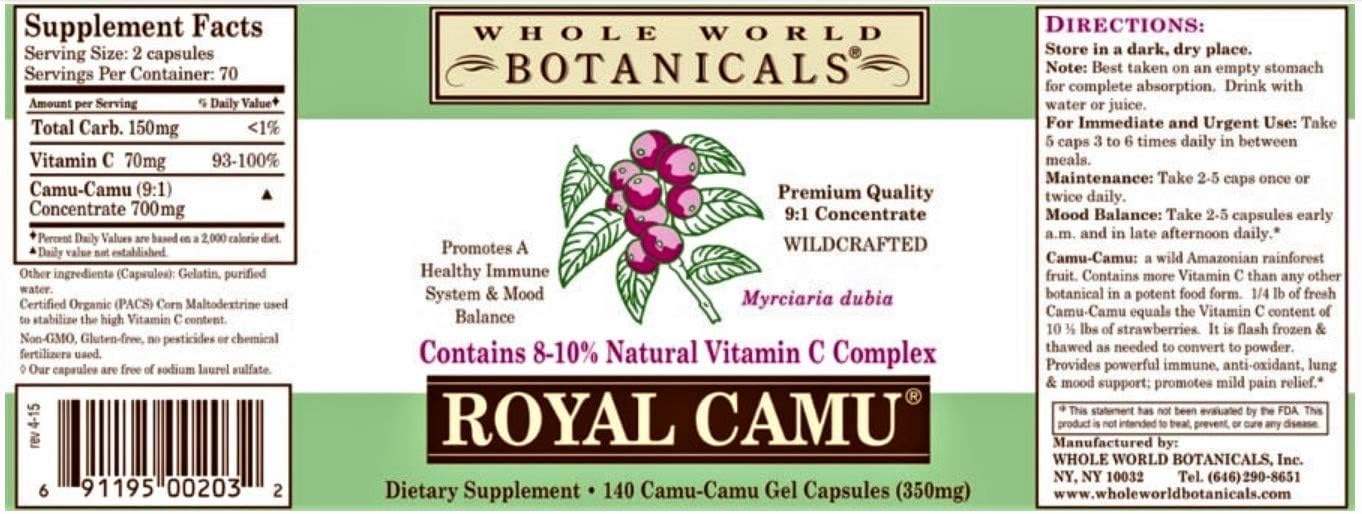 Organic Whole World Botanicals Royal Camu Capsules - 120 Count, 400mg