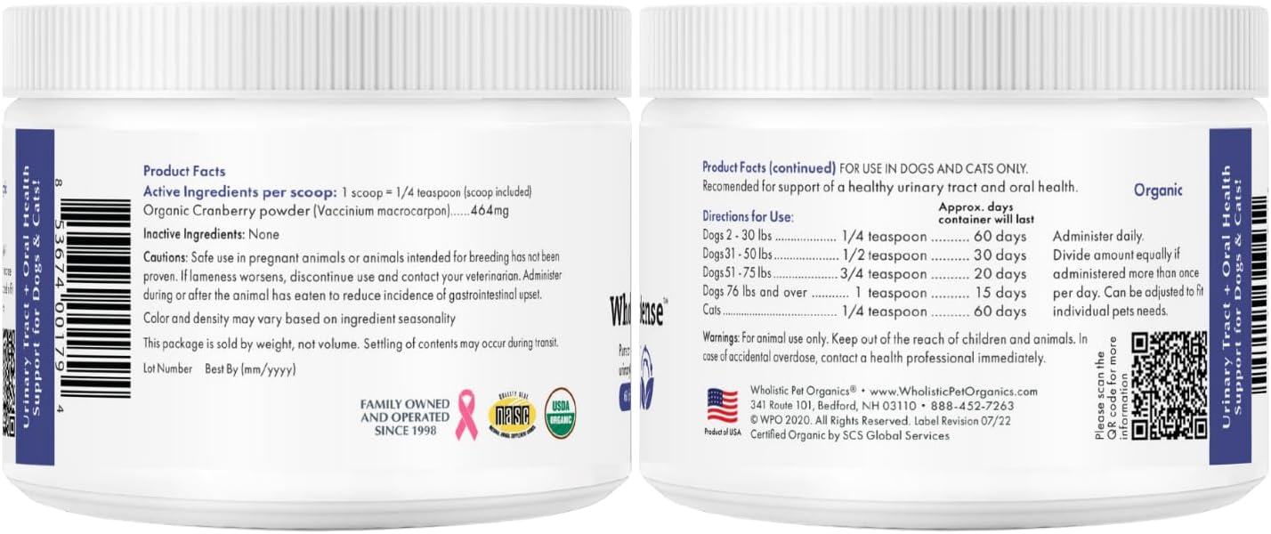 Organic WholeCran Intense Cranberry Powder for Dogs: Supports Dog Urinary Tract Health, Kidney Function, UTI Treatment, Incontinence Relief