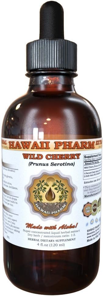 Organic Wild Cherry Liquid Extract Tincture - Herbal Supplement 4 fl. oz - Hawaii Pharm Made in USA