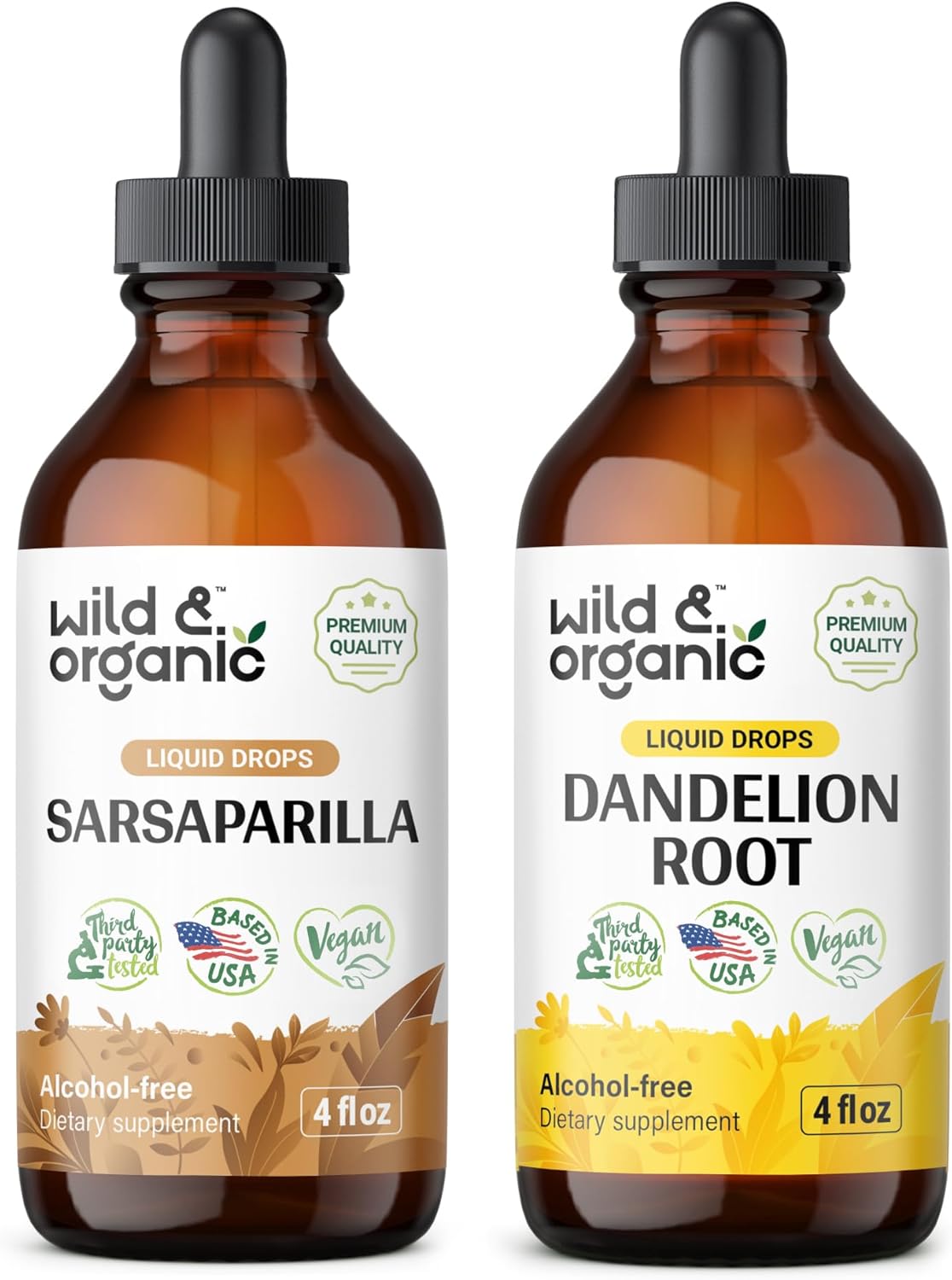 Organic Wild Sarsaparilla and Dandelion Root Tinctures - 4 fl oz each