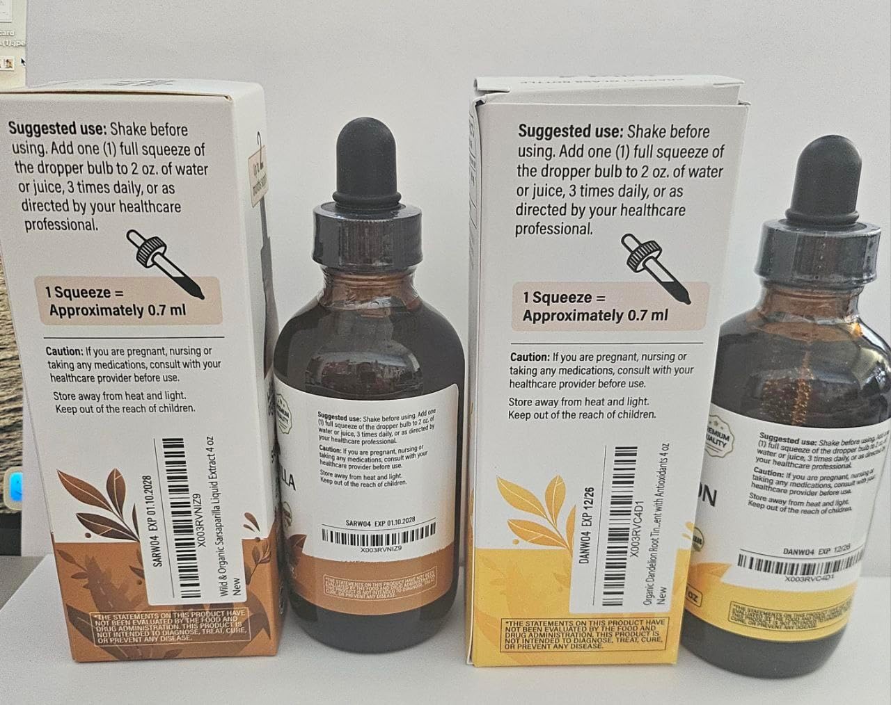 Organic Wild Sarsaparilla and Dandelion Root Tinctures - 4 fl oz each
