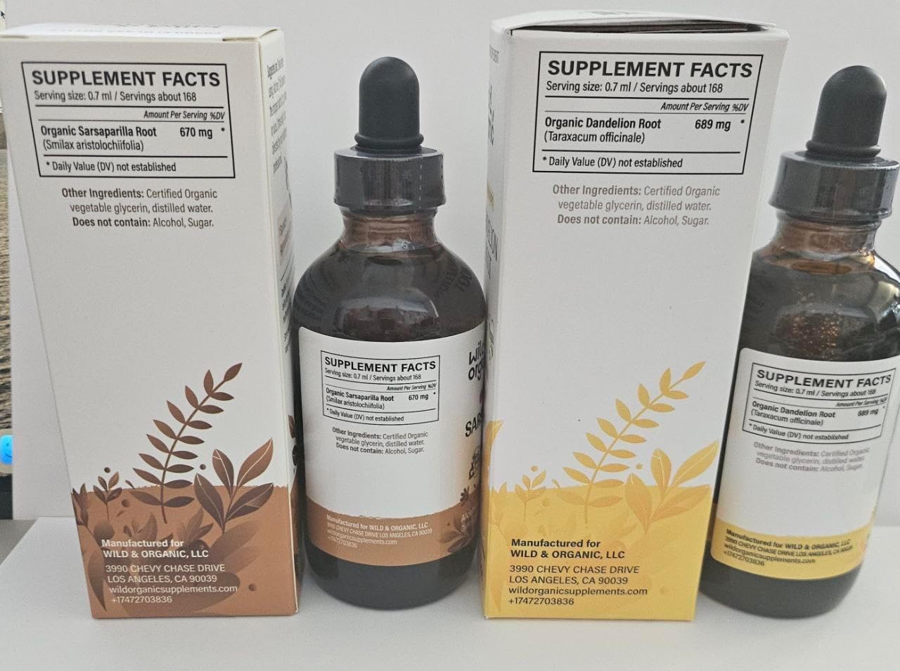 Organic Wild Sarsaparilla and Dandelion Root Tinctures - 4 fl oz each